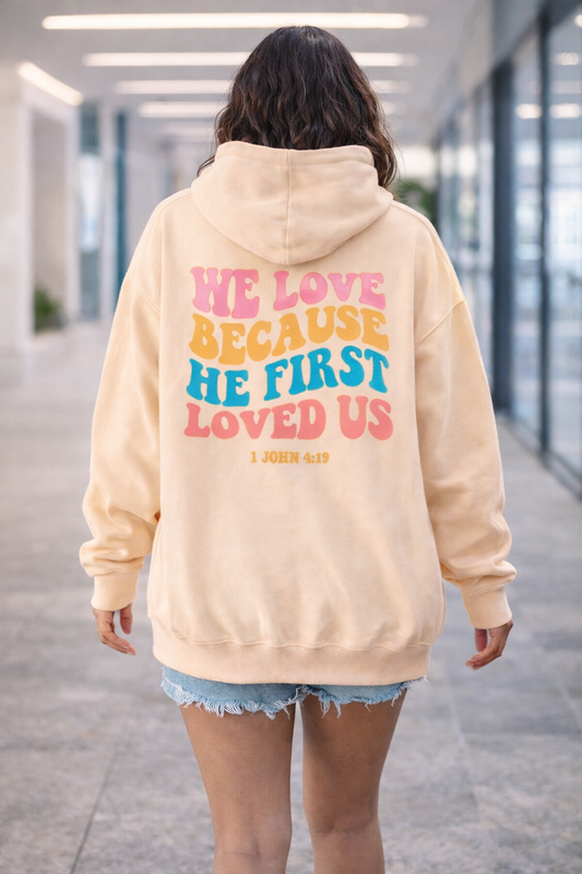ASTANFY Jesus Hoodie Womens Christian Hoodies We Love Because He First Loved Us Christian Sweatshirt God Long Sleeve Tops Jesus Shirts Apricot